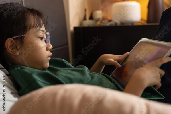 Fototapeta Selective focus of Asian kid girl, playing game on tablet with concentration. Concepts of children technology use, online learning, screen time, digital lifestyle, and modern childhood education.