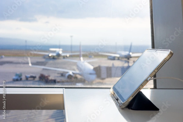 Fototapeta Selective focus on a tablet and smartphone charging by a sunlit airport window. In the blurred background, an airplane on the runway signifies travel, remote work, and the modern connectivity.