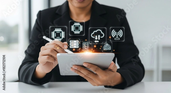 Obraz Business professional leveraging cutting-edge digital technology, cloud services, and data processing solutions on a tablet, symbolizing innovation and connectivity in modern enterprise systems.