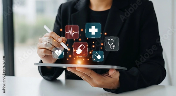 Obraz Healthcare professional engages with advanced virtual medical interface using digital tablet and stylus, embodying modern telemedicine and comprehensive patient care.