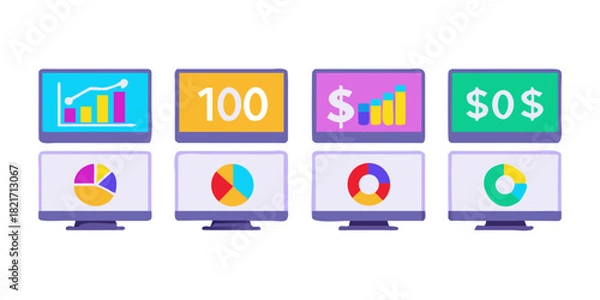 Fototapeta Eight computer screens displaying financial charts and data