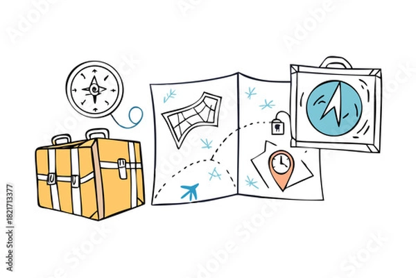 Fototapeta Doodle style travel icons suitcase map compass and pin