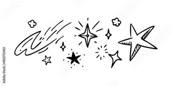 Fototapeta Doodle Style Stars Comets and Sparkles on White Background
