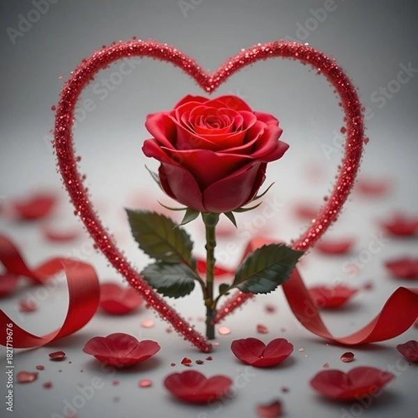 Fototapeta Romantic Heart Candle Surrounded by Rose Petals on Flat Surface 
