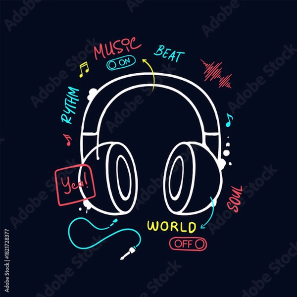 Fototapeta Playful Hand drawn Headphone with Music Notes and Words Creative Illustration