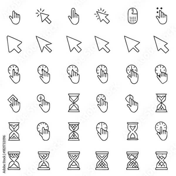 Obraz Line Art Interface Icons – Cursor Arrows, Hand Clicks, Wait Timer