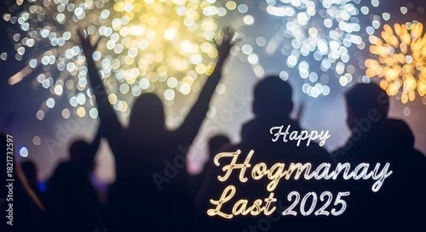 Fototapeta Silhouetted figures with arms raised, celebrating a vibrant new year's eve with spectacular fireworks lighting up the night sky and creating a festive atmosphere