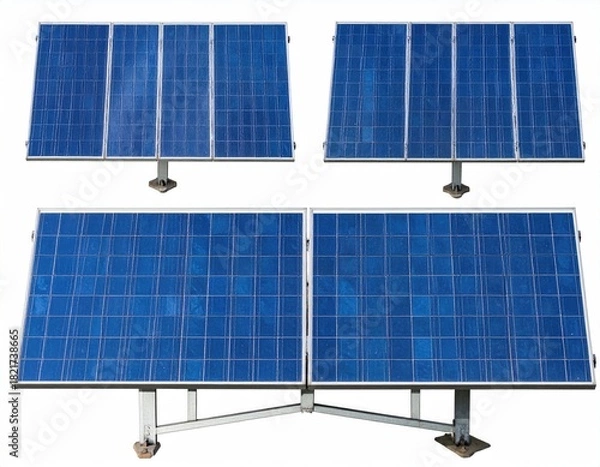 Fototapeta Four solar panels on mounts, against a white backdrop
