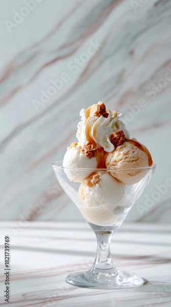 Obraz Exquisite dessert sundae with multiple ice cream flavors topped with whipped cream, caramel drizzle, and cookie crumble in a clear glass cup