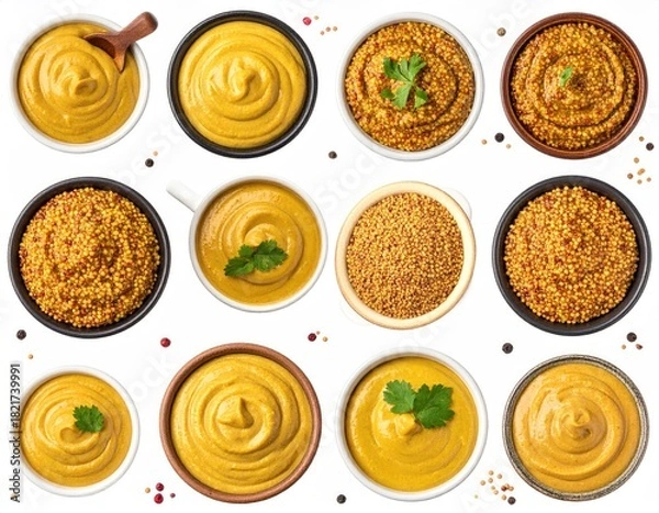 Fototapeta Assorted mustards in bowls, top-down view