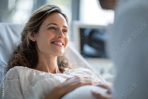 Fototapeta A joyful pregnant woman lying in a hospital bed, smiling warmly at her doctor. Symbolizes maternity care, expectant happiness, prenatal health, and safe delivery anticipation.