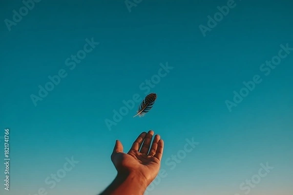 Fototapeta An open hand reaching up as a single feather floats down against a deep blue, gradient sky. Symbolizes freedom, lightness, letting go, spirituality, and mental clarity.