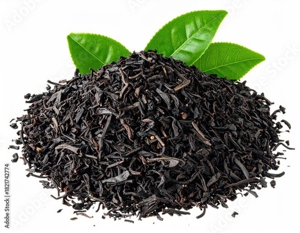 Obraz Black tea pile with green leaves atop it