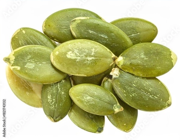 Fototapeta Green, oval pumpkin seeds, piled on a white backdrop
