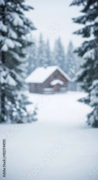 Fototapeta Snowy landscape with blurred cabin in the distance creates a serene winter vibe in a peaceful forested area