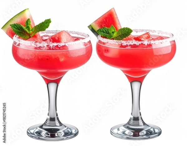 Fototapeta Two red drinks with watermelon and mint garnish