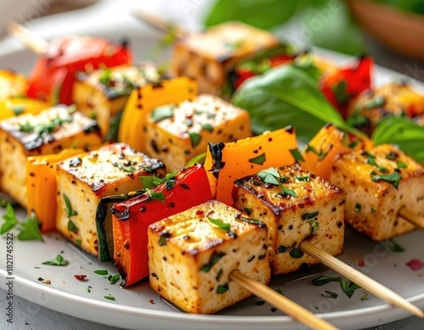 Obraz Grilled tofu & bell pepper skewers, close-up, on a plate