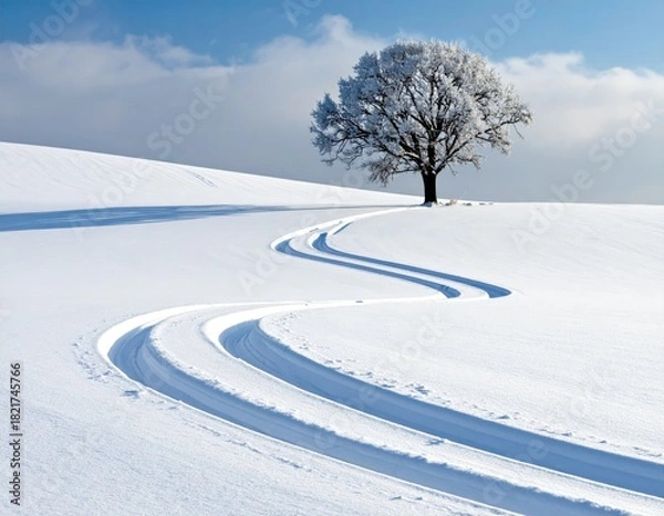 Fototapeta Snowy path winds to tree on hill, blue sky