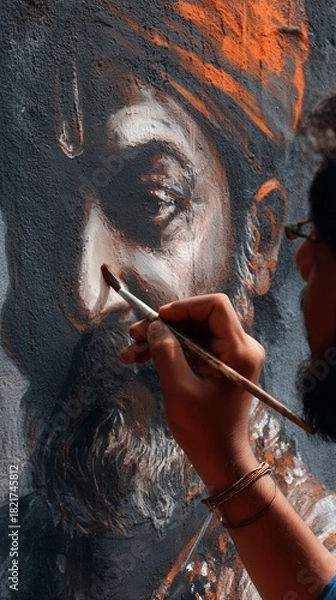 Obraz Hand creating a mural of Shivaji Maharaj, showcasing artistic skill in street art at a lively urban location