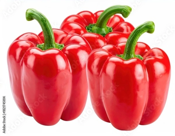 Fototapeta Stacked, glossy, red bell peppers with green stems