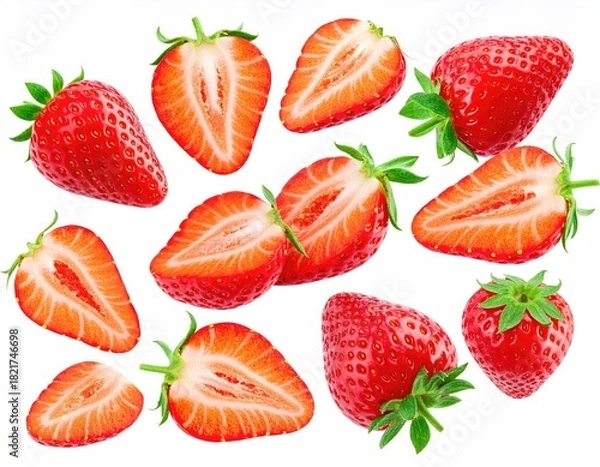 Obraz Fresh red strawberries, whole and halved, on white
