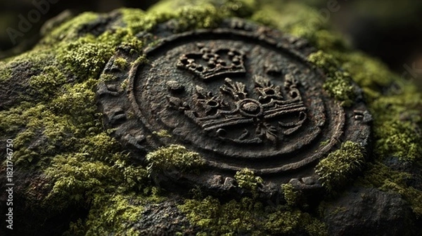 Fototapeta Detailed engraving of Royal Seal Rajmudra on mossy stone, showcasing ancient artistry and historical significance in high resolution