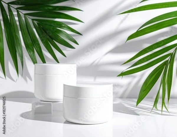 Fototapeta Two white jars with bright palm leaf shadow background