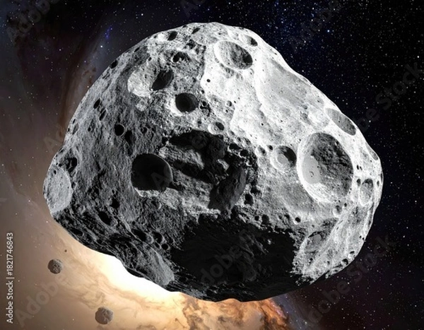 Fototapeta Grey asteroid with many craters against nebula background