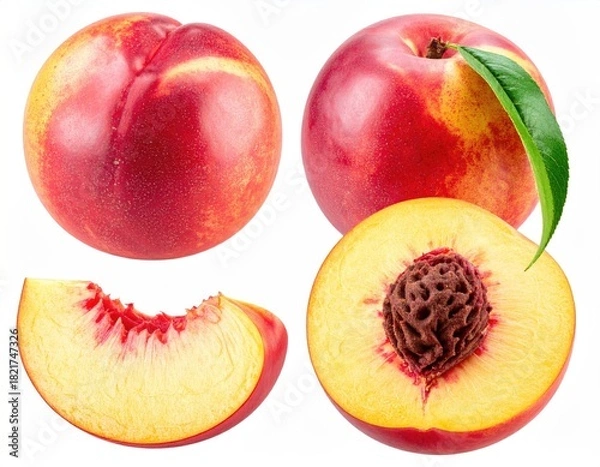 Fototapeta Four peaches whole, sliced, and halved showing pit