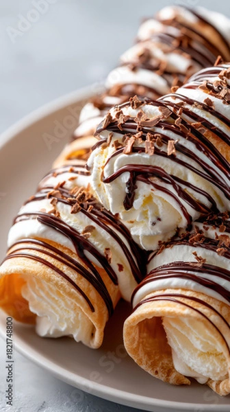 Obraz Delicious dessert showcasing ice cream-filled pastry rolls topped with whipped cream, chocolate drizzle, and chocolate shavings on a plate