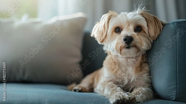 Fototapeta A cute dog portrait of a small breed sitting calmly on a sofa, with soft lighting.