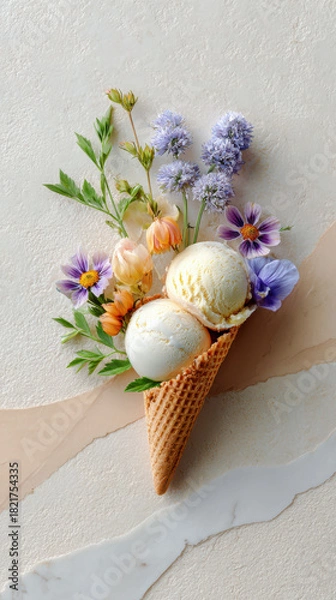 Obraz Ice cream cone with two scoops surrounded by colorful spring flowers on textured background