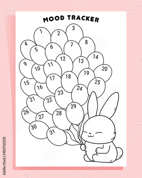 Obraz Mood tracker with cute bunny and balloons, cute vector illustration for mental health planning