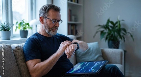 Obraz Mature man checking smartwatch while monitoring stock market data on tablet in comfortable living room