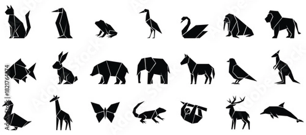 Obraz Origami animal silhouette set, Paper craft creature icon collection, Folded animal shape symbol pack
