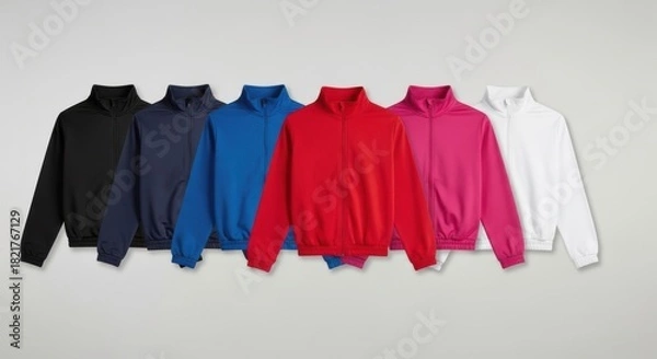 Fototapeta Neatly Arranged Assortment of Colorful Zip-Up Hoodie Jackets in Black Navy Blue Red Pink White Gray on Neutral Studio Background