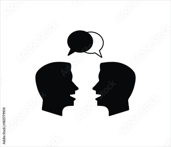 Obraz Two people talking silhouette with speech bubbles on white background 