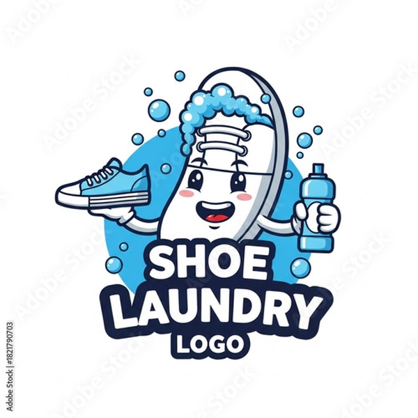 Fototapeta Playful shoe laundry cartoon character washing sneakers service logo