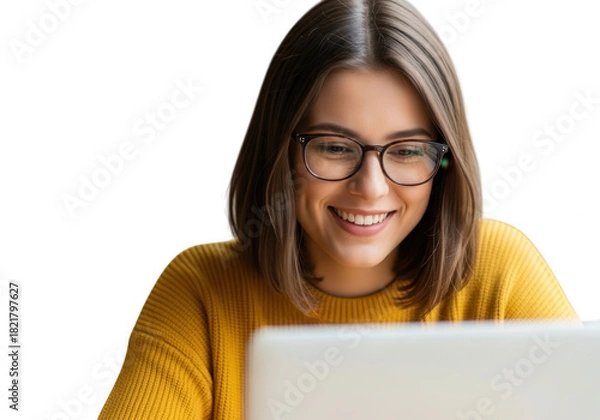 Fototapeta Young woman smiling while using laptop isolated on transparent background