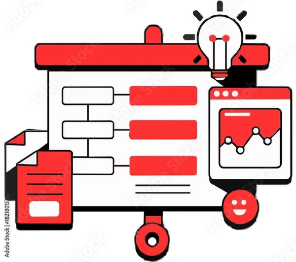 Fototapeta Innovative business strategy development with detailed data analysis, document insights, presentation planning, and creative idea generation. isolated on transparent background, Vector, illustration.
