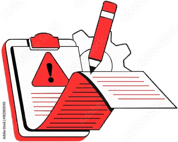 Fototapeta Warning document and process settings with pencil icon, clipboard and gear. error management, task list and note taking concept isolated on transparent background, Vector, illustration.