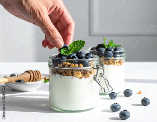 Obraz Hand arranging fresh blueberries on a yogurt parfait in bright natural light