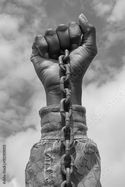 Fototapeta Symbol of freedom and strength a monumental fist breaking chains against a dramatic sky