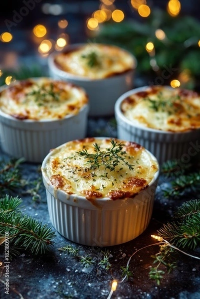 Obraz Individual potato gratins baked in tiny ramekins, sprinkled with herbs, sit among pine branches and soft string lights for a cozy festive feel.
