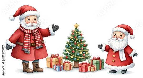 Fototapeta Adorable Santa Claus illustration with Christmas tree and gifts, perfect for holiday cheer. Cheerful Santa Claus art with wrapped presents brings festive spirit, reminding about joyful celebrations,