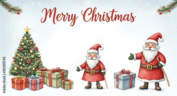 Fototapeta Merry Christmas illustration presents happy holiday scene with Christmas tree, Santa Claus figures, and colorful gifts. Merry Christmas theme conveys joyful winter holiday spirit,
