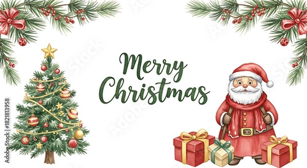 Fototapeta Merry Christmas scene with decorated pine tree, Santa Claus, and gift boxes for holiday season. Christmas scene including festive elements ideal for greeting cards.