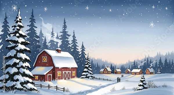 Fototapeta Winter scene shows snowy landscape with barn and pine trees at dusk. Snowy landscape illustration depicts cozy rural scene with snow covered fields, barn, cottages, and pine forest,