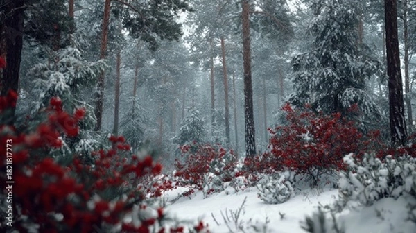 Fototapeta snow-covered pine forest with red berries