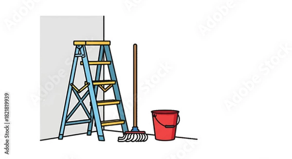 Fototapeta A blue step ladder stands beside a mop, broom, and red bucket by a wall, ready for cleanup tasks now